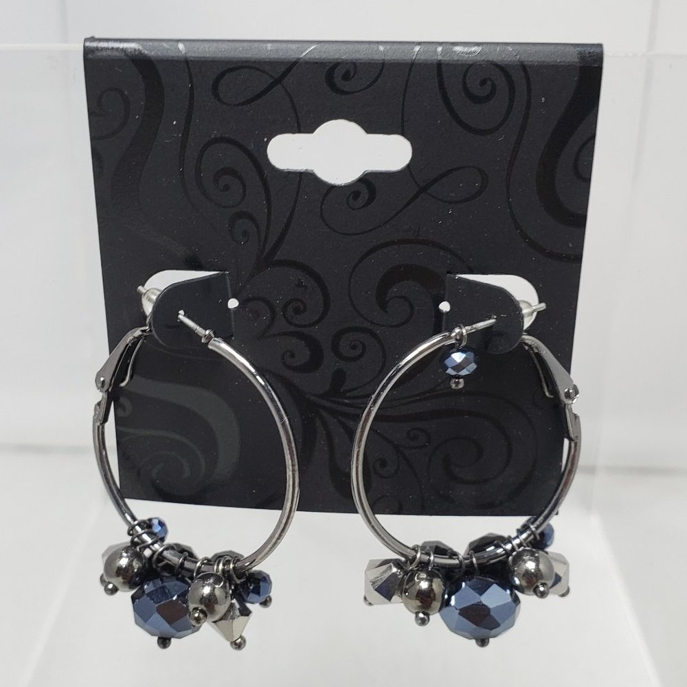crystal glass beaded cluster hoop earring hematite & antique silver